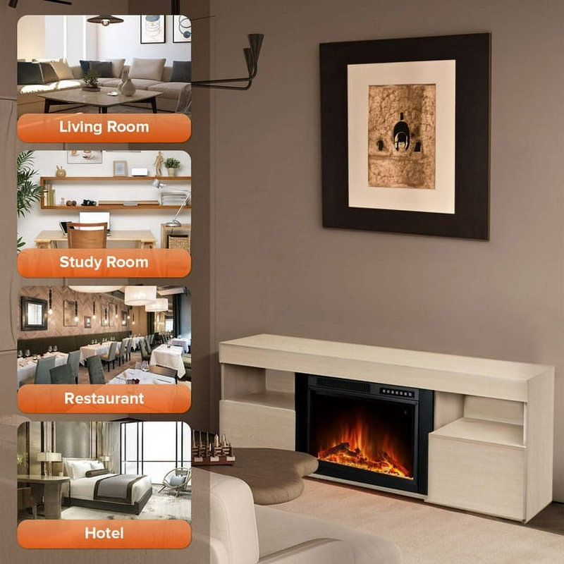 60" Electric Fireplace TV Stand with Remote,4 Flame & 12 Crystal Colors with Auto-Glow,Fully Adjustable 3D Flame,Sleep Timer & Safety Protection,Light Oak