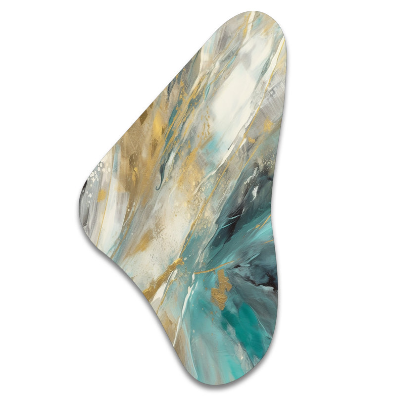 «Golden Hour In Turquoise Waves IV», art mural asymétrique en forme de Boomerang abstrait, H 31 po x l 17 po