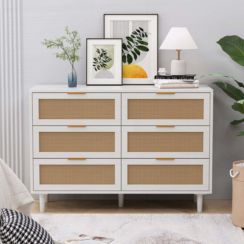 Commode 6 tiroirs en rotin blanc avec rotin naturel et rangement profond