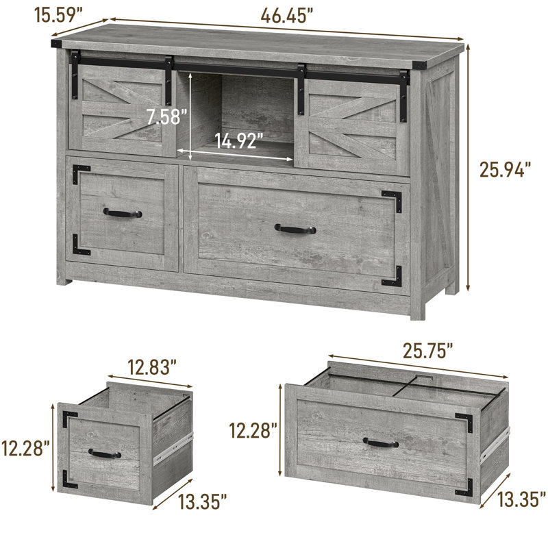 Lateral File Cabinets 2 Drawer With Sliding Barn Doors, White/Gray