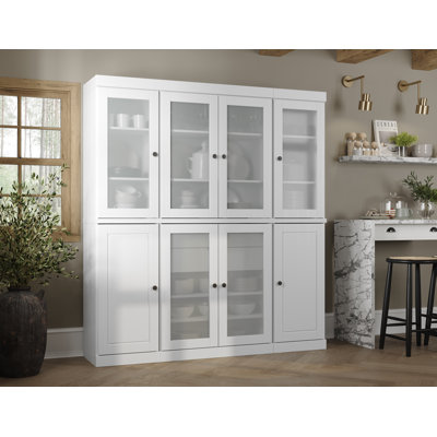 100% Solid Wood 65" Pantry China Cabinet with Solid, Frosted Glass Doors, 2-Drawers and Adjustable Shelves