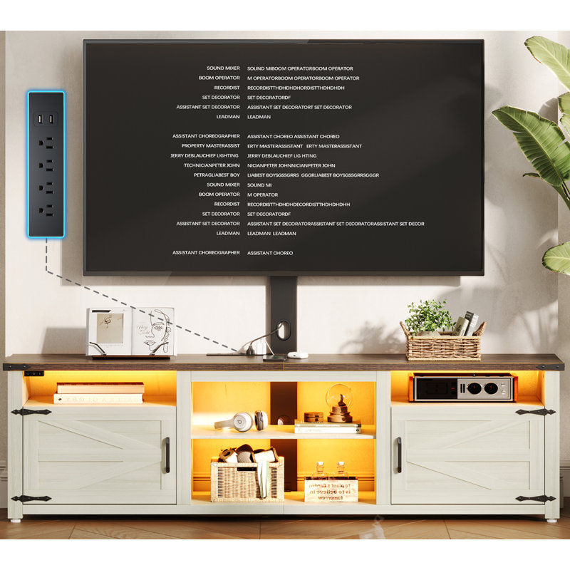 Farmhouse TV Stand with Mount and Charging Station LED Lights 70", Entertainment Center with Height Adjustable Swivel Mount and Barn Doors Storage Cabinets for TVs Up to 75 inch