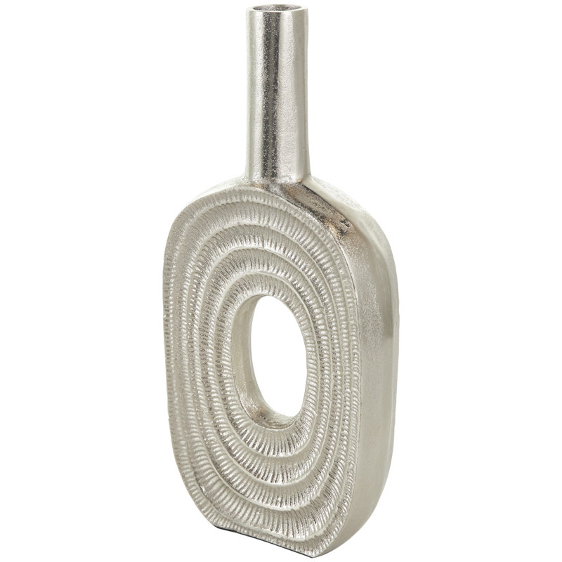 Maebri Aluminum Metal Circular Decorative Vase with Linear Etchings, Silver, 16.05" H x 7.35" W x 2.25" D