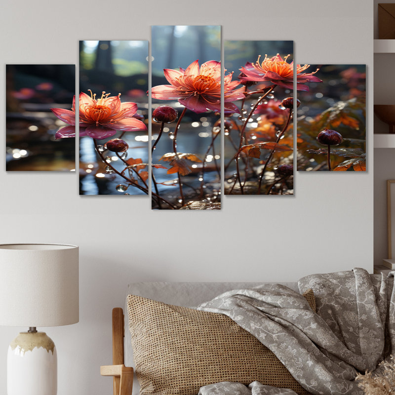 Corail orange sauvage par la rivière II - ensemble d'art mural floral en métal