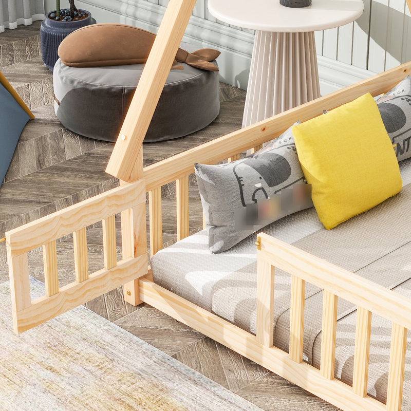 Lit double avec garde-corps et garde-corps en bois de pin naturel, Lit double, Naturel