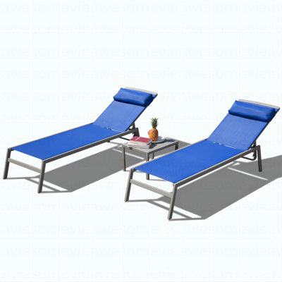 Patio Chaise Lounge Set, 3 Pieces Adjustable Aluminum Backrest Pool Lounge Chairs PVC-coated polyester Sunbathing Recliner With Headrest (Blue,2 Lounge Chairs+1 Table)