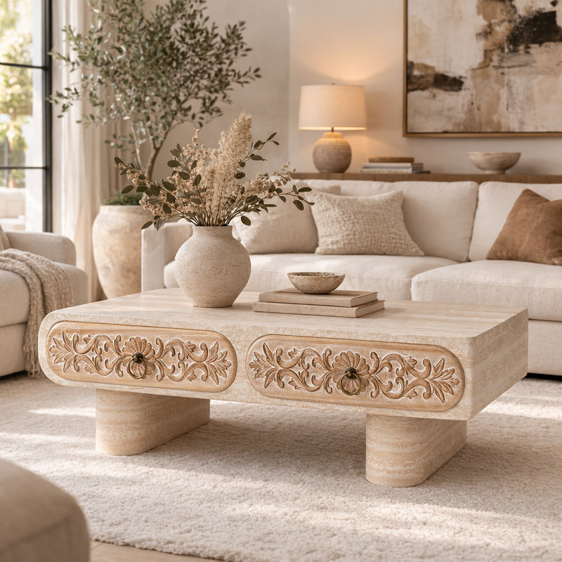 39.4" Modern Rounded Edge Coffee Table With Hand-Carved Flower Pattern Drawers And Thick Cylindrical Legs(Beige)