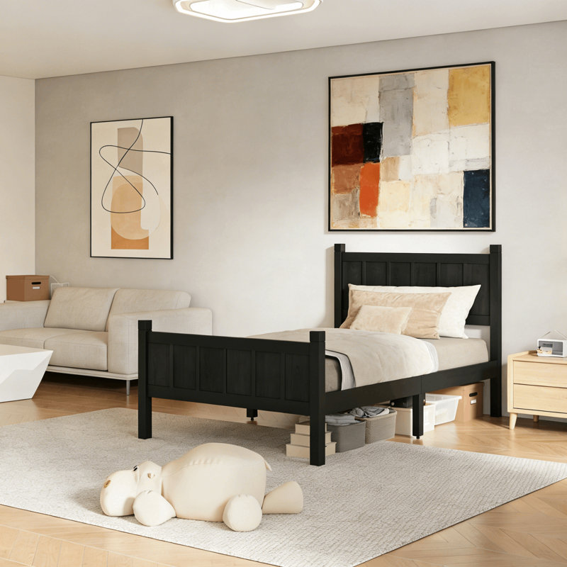 Modern Platform Bed With Headboard, Lit simple, Black