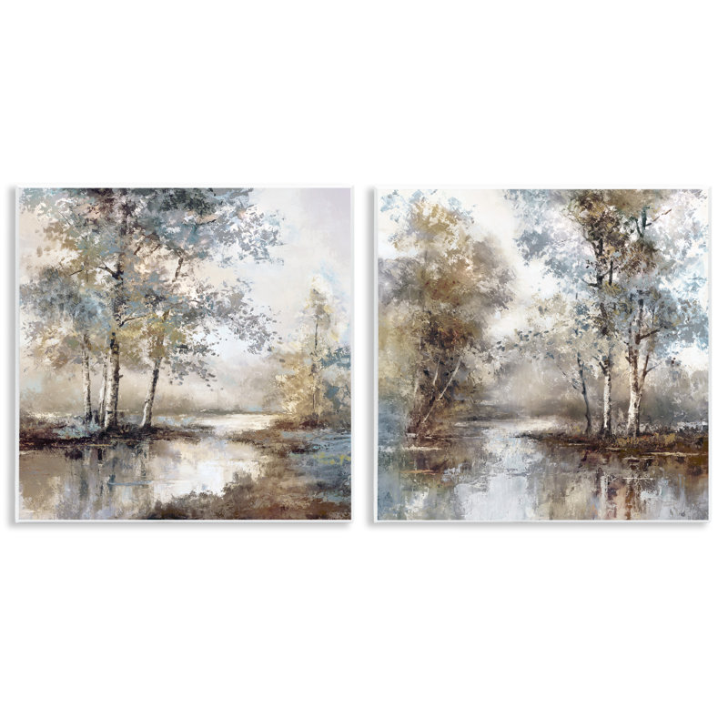 Ensemble de 2 plaques murales en méandre sur une rivière, signée T.C. Chiu
