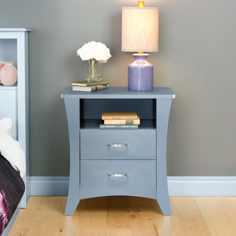 Rustic Natural Nightstand With 2 Drawers And Open Shelving, Blue
