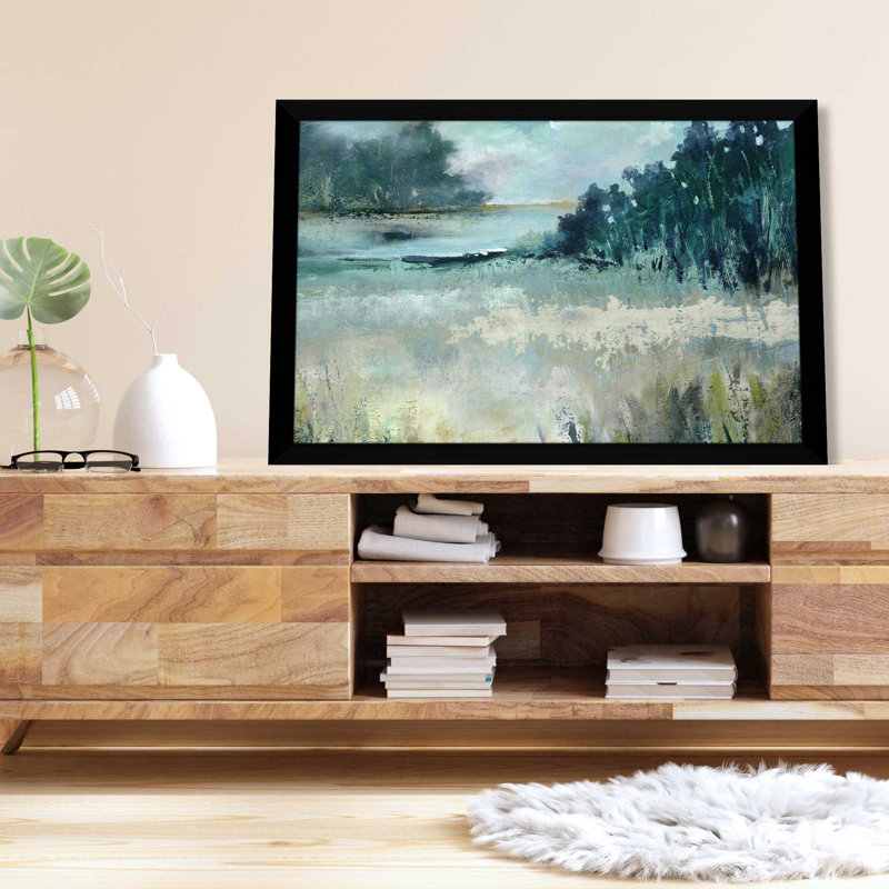 Calm River Valley par Carol Robinson - Peinture, L 27,5 po x H 21,5 po, Encadrement argenté