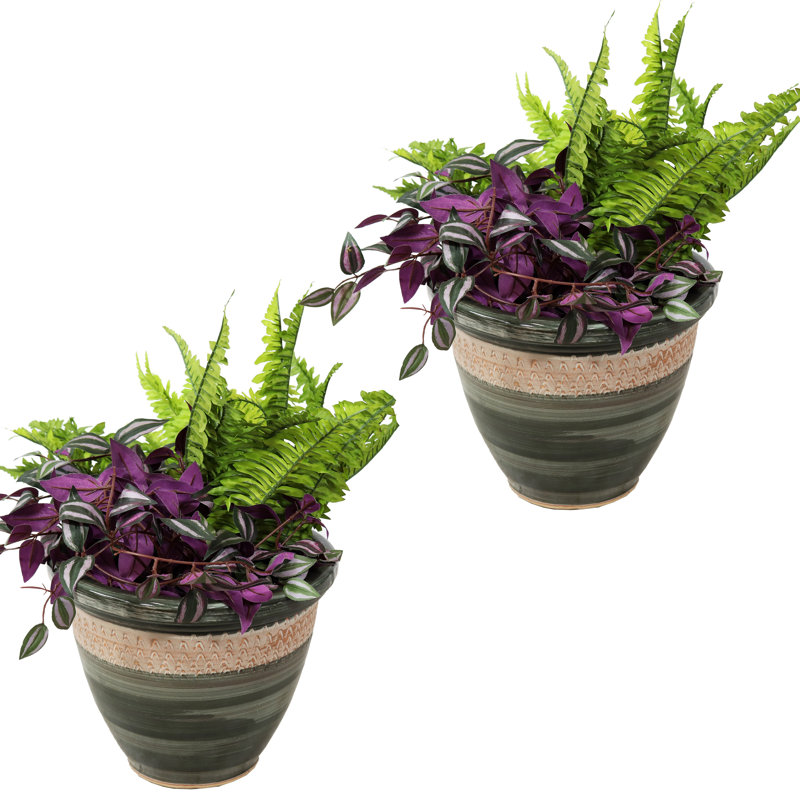 Chanze Indoor/Outdoor Planter - 12" x 12" x 10" Round Ceramic Planter 2-Count - Dark Green, 10" H x 12" W x 12" D, Dark Green