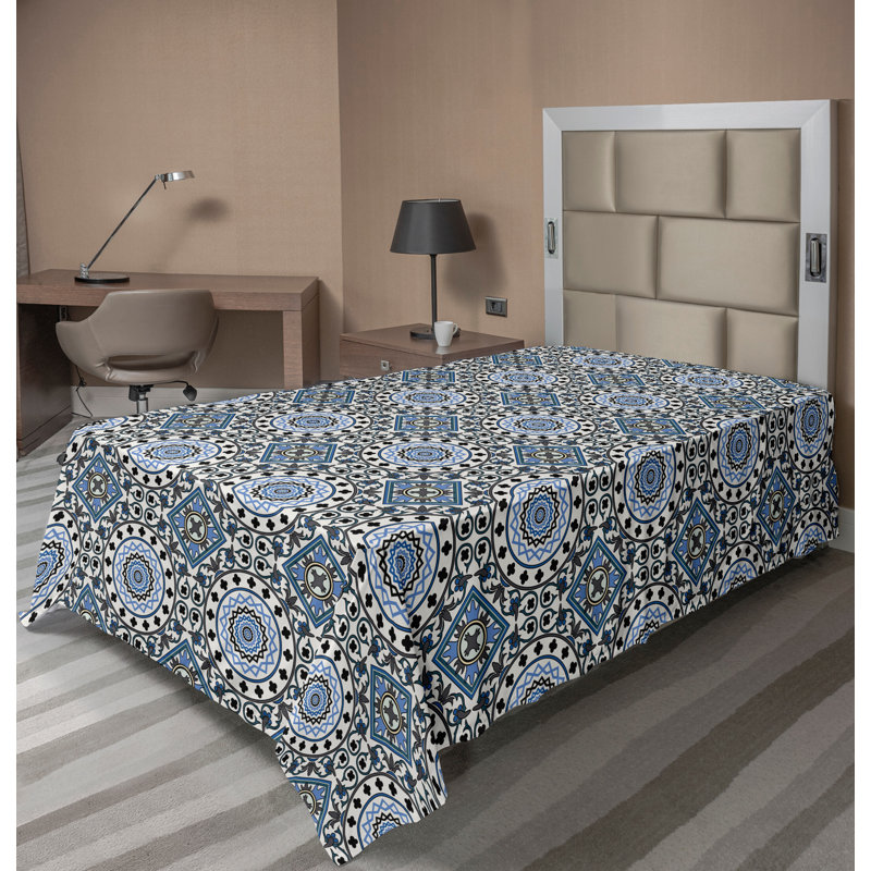 Ambesonne Orient Top Flat Sheet Mosaic Motifs, Gray White Blue Geometric, Twin XL Flat Sheet