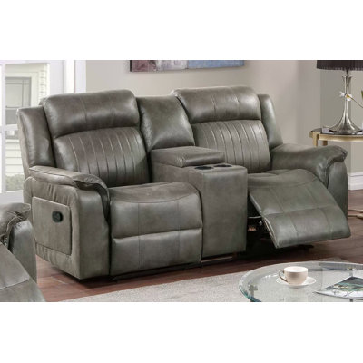 Contemporary Manual Motion Loveseat With Console, Slate Blue Breathable Leatherette For Comfort And Style