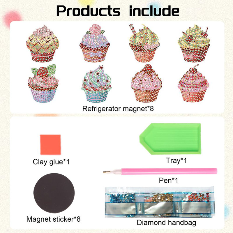 Syntego 8Pcs 5D Diamond Painting Art Assorted Cute Cupcake DIY Diamond Magnet Kit For Beginners Arts And Crafts