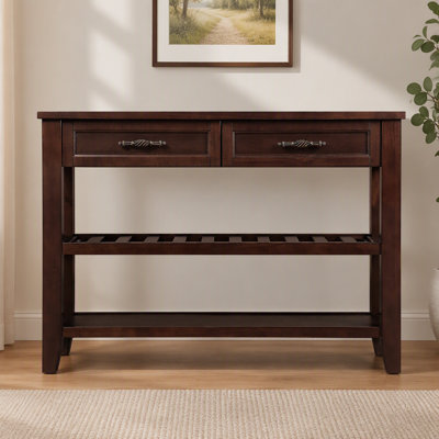 Console Sofa Table with 2 Storage Drawers and 2 Tiers Shelves, Mid-Century Style 42'' Solid Wood Buffet Sideboard for Living Room Furniture Kitchen Di