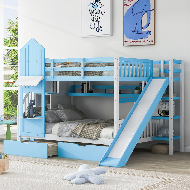Lit superposé double de style château avec 2 tiroirs et 3 glissières, Lit superposé double sur double, Bleu