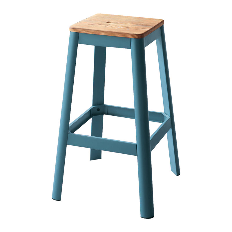 Tabouret carré naturel et bleu sarcelle avec pieds tubulaires en métal, capacité de 100 lb, siège de 13 po, dimensions en pin massif sans accoudoirs et poids de 18 po