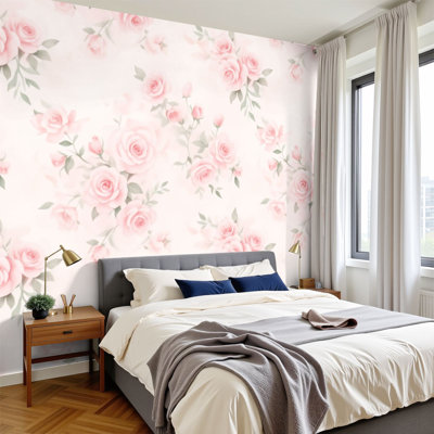 Peel and Stick Wallpaper Soft Pink Rose Floral Green Leaves Wall Murals 100"H x 144"W Removable PVC Wall Paper Self-Adhesive Wall Decor for Bedroom Living Room Home Office