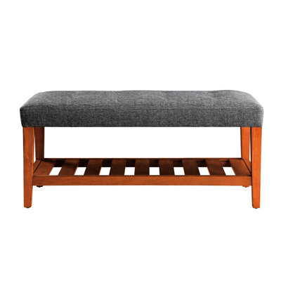 Gray Fabric Upholstered Bench With Open Storage, Oak Tapered Legs, Button - Seat, 8 Inch Space Between Seat And Shelf, 40 Shelf Width Upholstery, Padded Cushion, Space,