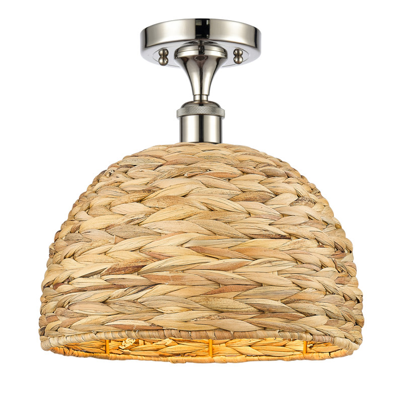 Ariol Rattan Semi Flush Mount, 12.25" H x 12" W x 12" D, Polished Nickel