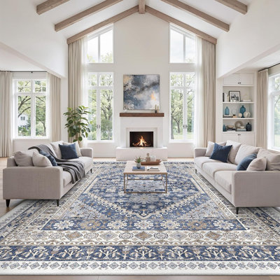 Tapis vintage bleu, lavable, doux, à poils courts, résistant aux taches et antidérapant, idéal pour le salon et la chambre.