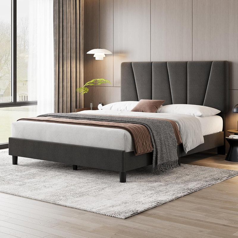 Bed Frame With Headboard Adjustable, Linen Upholstered Platform Bed With Headboard, Queen, Dark Gray