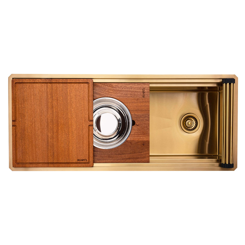 Ruvati 45-inch Stainless Steel Workstation Two-Tiered Ledge Undermount Kitchen Sink, Matte Gold Satin Brass