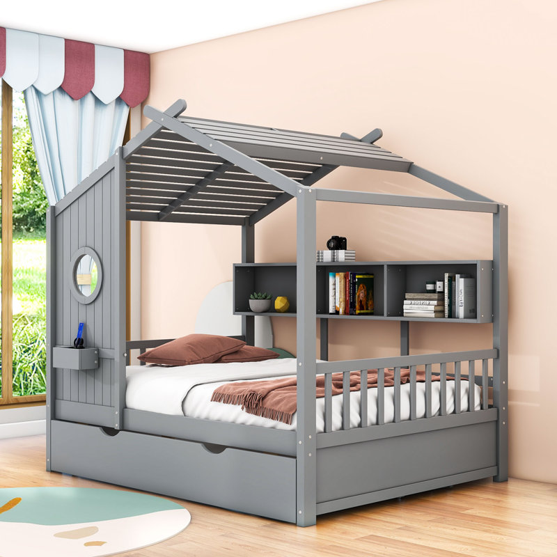 Lit plateforme en bois avec couchette et tablettes Abem, Lit double, Gris