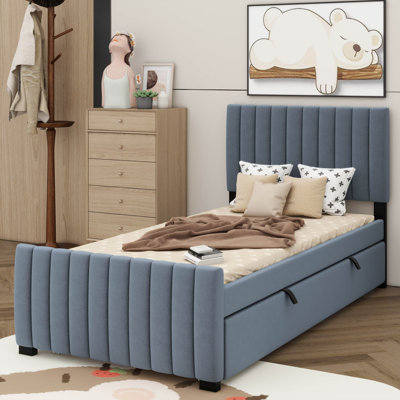 Twin-Sized Velvet-Upholstered Platform Bed With An Integrated Twin-Sized Trundle Bed