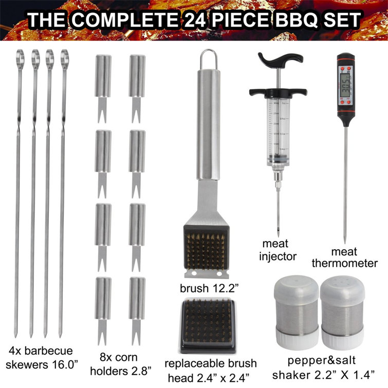 grilljoy 24PCS BBQ Grill Tools Set with Meat Thermometer and Injector -  Extra Thick Stainless Steel Spatula, Fork& Tongs - Complete BBQ Accessories  in