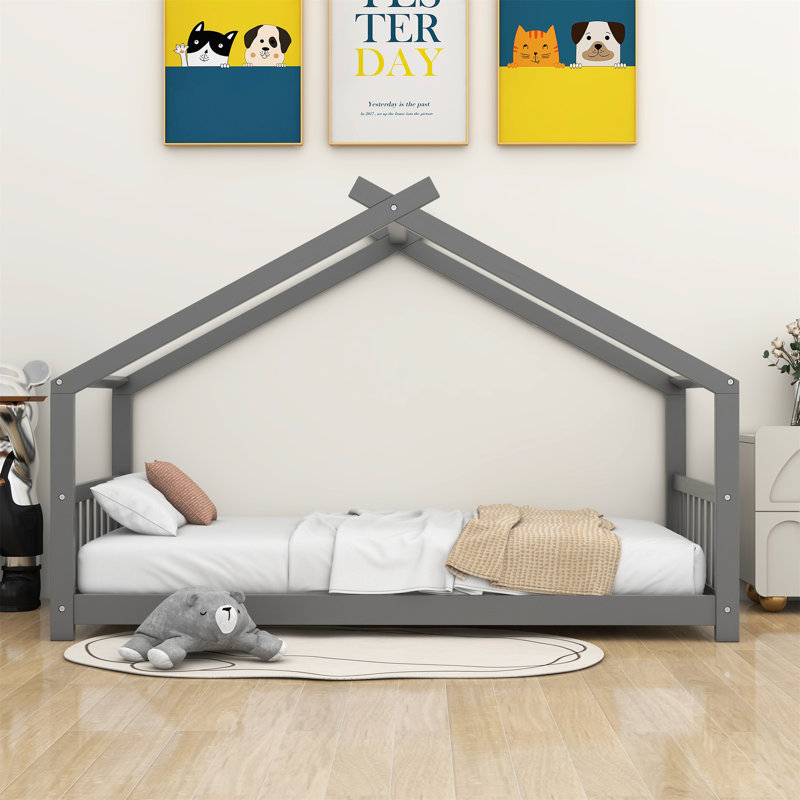 Solid Wood Low House Bed, Gray, Twin