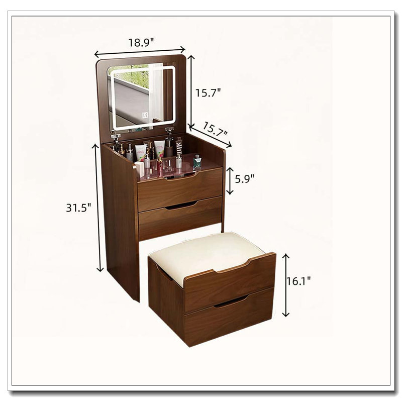 3 Drawers Vanity Desk with Plip Top Mirror,Small Make Up Vanity Set with Visible Glass Desktop, Walnut