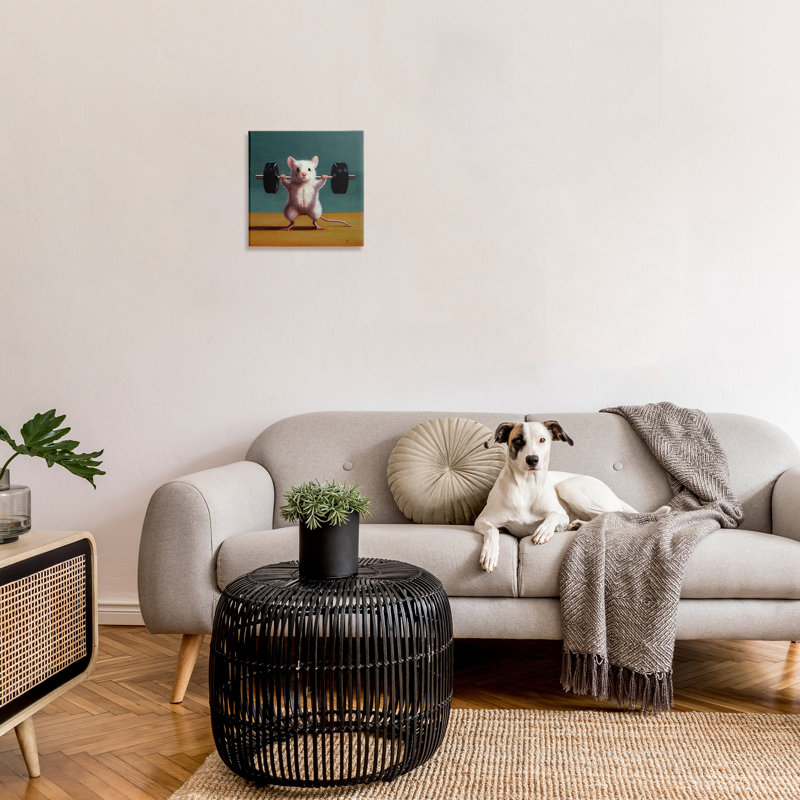 «Poids soulevant la souris» par Lucia Heffernan sur toile, H 17 po x l 17 po