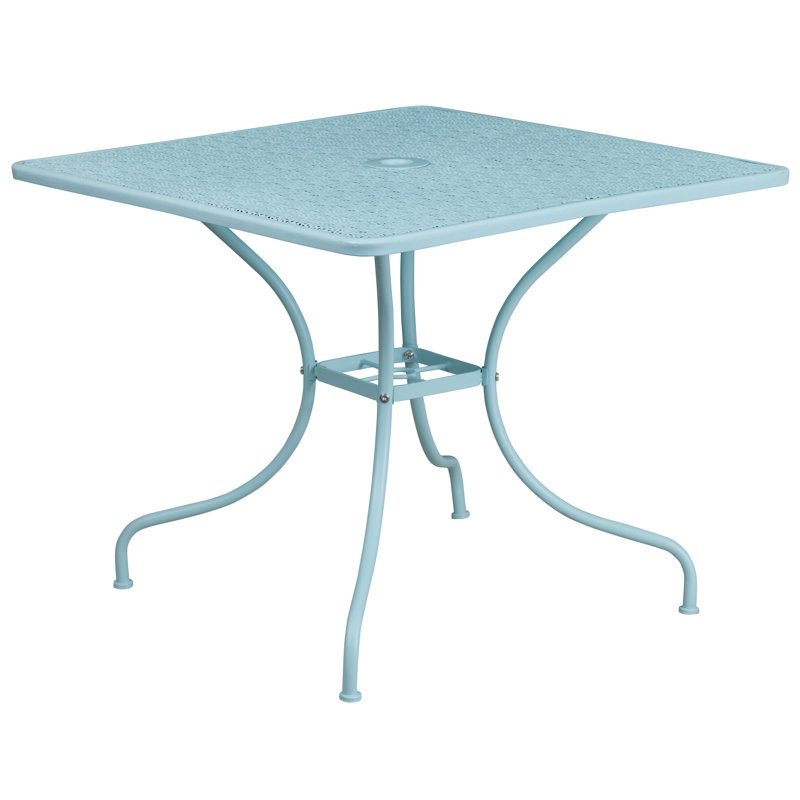 Commercial Grade 35.5" Square Indoor-Outdoor Steel Patio Table with Umbrella Hole, Light Blue