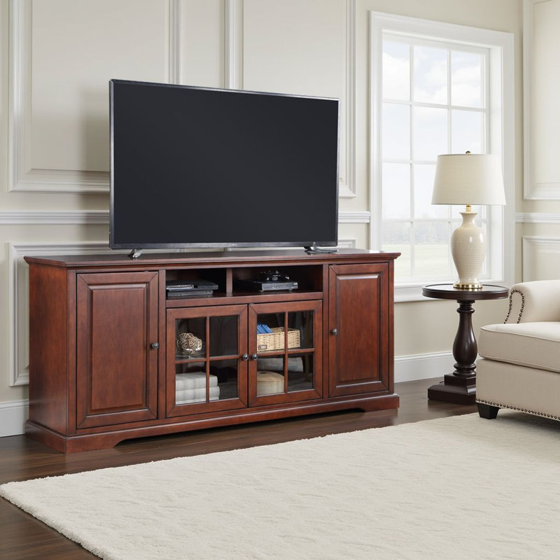 Cifuentes 78" Fully Assembled Traditional TV Stand for TVs up to 85", Dark Cherry Wood Entertainment Center with Storage Cabinets, Glass Doors & Cable Management