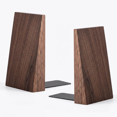 Wood Book Ends Heavy Duty Handmade Decorative Bookends for Shelves, 4.7 x 3.7 x 6 Inch Metal Base Walnut Brown, 1 Pair for Office Home Library