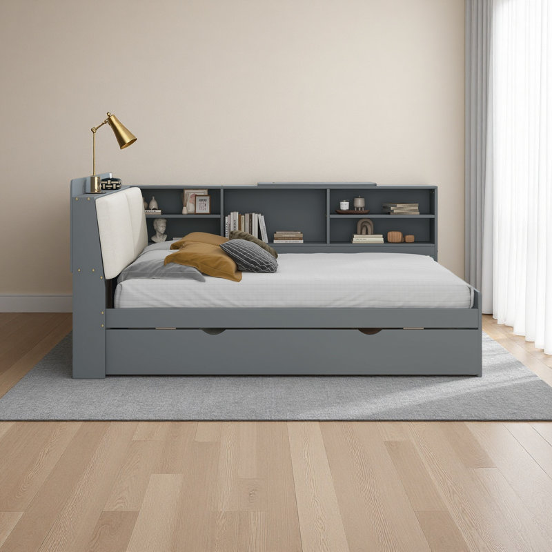 Lit plateforme en bois avec lit gigogne, tablettes et tête de lit, Gris