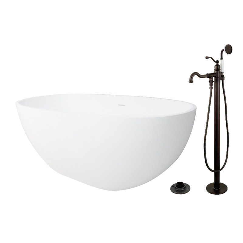 Kingston Brass Arcticstone 65-Inch Solid Surface Oval Double Ended Freestanding Tub With Faucet Combo And Drain