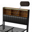 Industrial Metal Upholstered Storage Bed With Bookcase Headboard & Charging Station (USB/Type-C), Rustic Brown & Black PU Frame With LED & 2 Drawers, EU Double & King 140/160X200cm-929919664