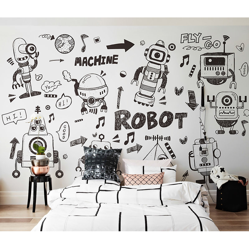 Black Robots Kids Wallpaper, 37.92" L x 57" W