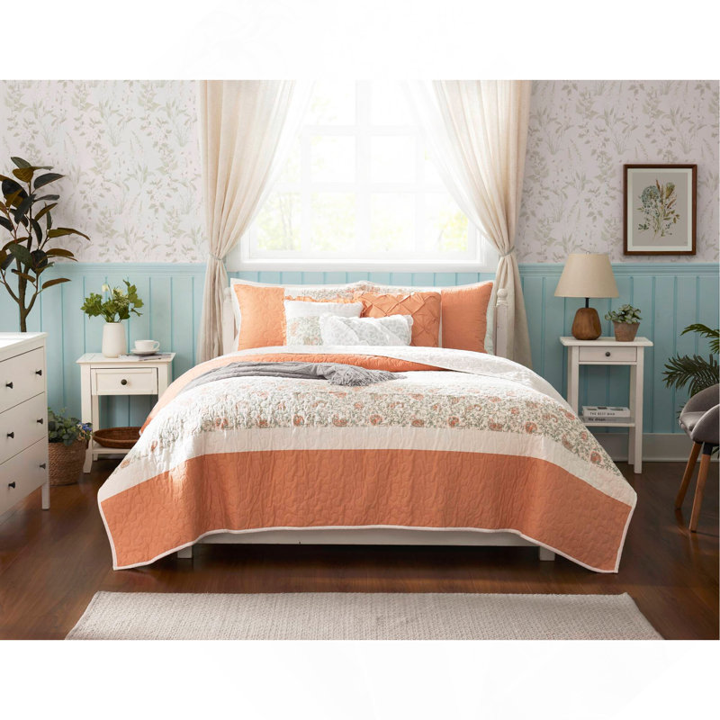 Cotton Percale Reversible Quilt Set With Decorative Pillows, Full/Queen, Farmhouse Style And OEKO-TEX Certified Comfort