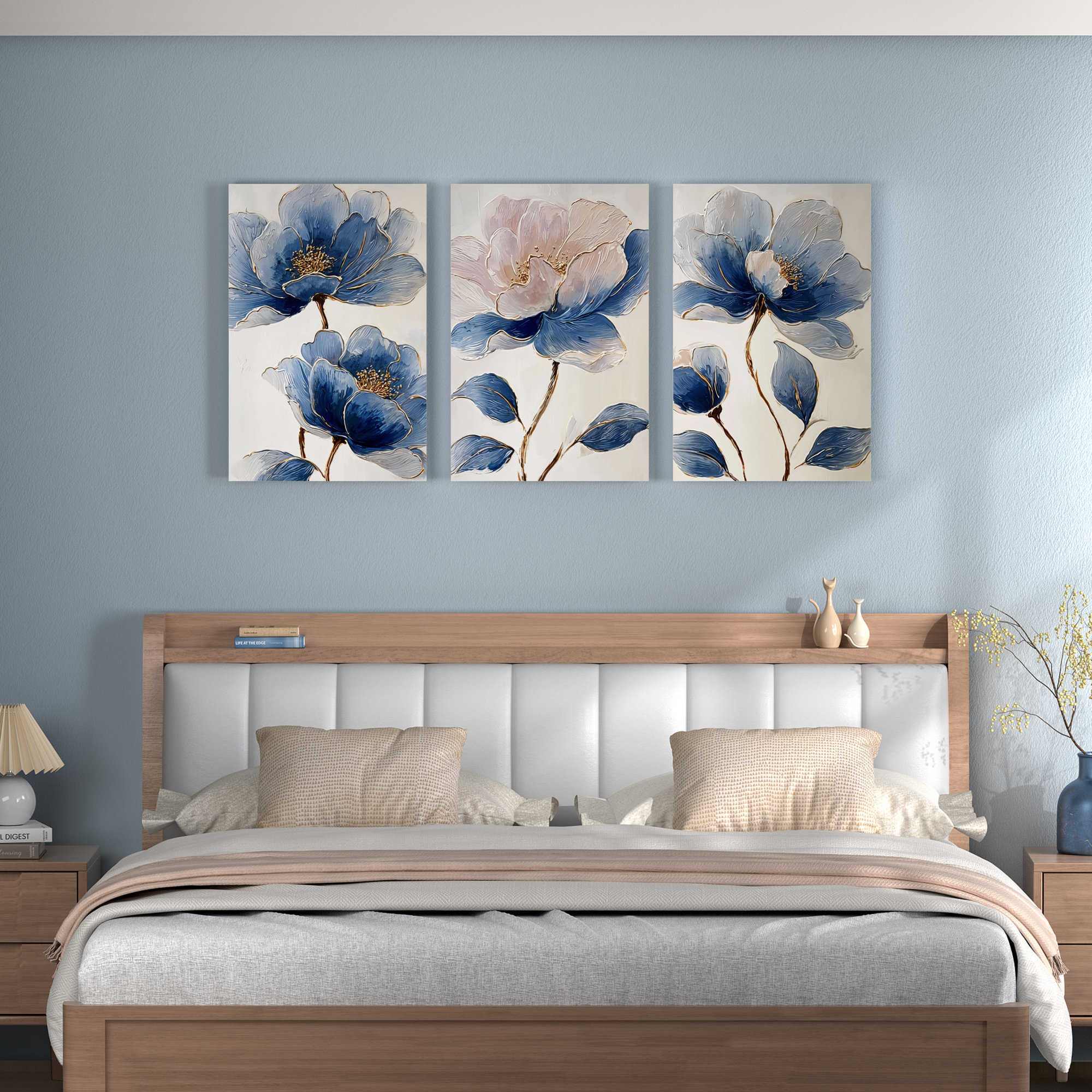 Winston Porter Blue Floral Canvas Wrapped Wall Art, Oil Painting Print ...