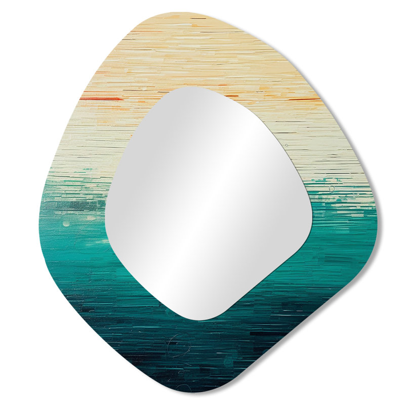Hornell Minimalistic Essence beach  III - Minimalism Irregular Shape Decorative Mirror, Blue Asymmetrical Wall Mirror, Printed Metal Art