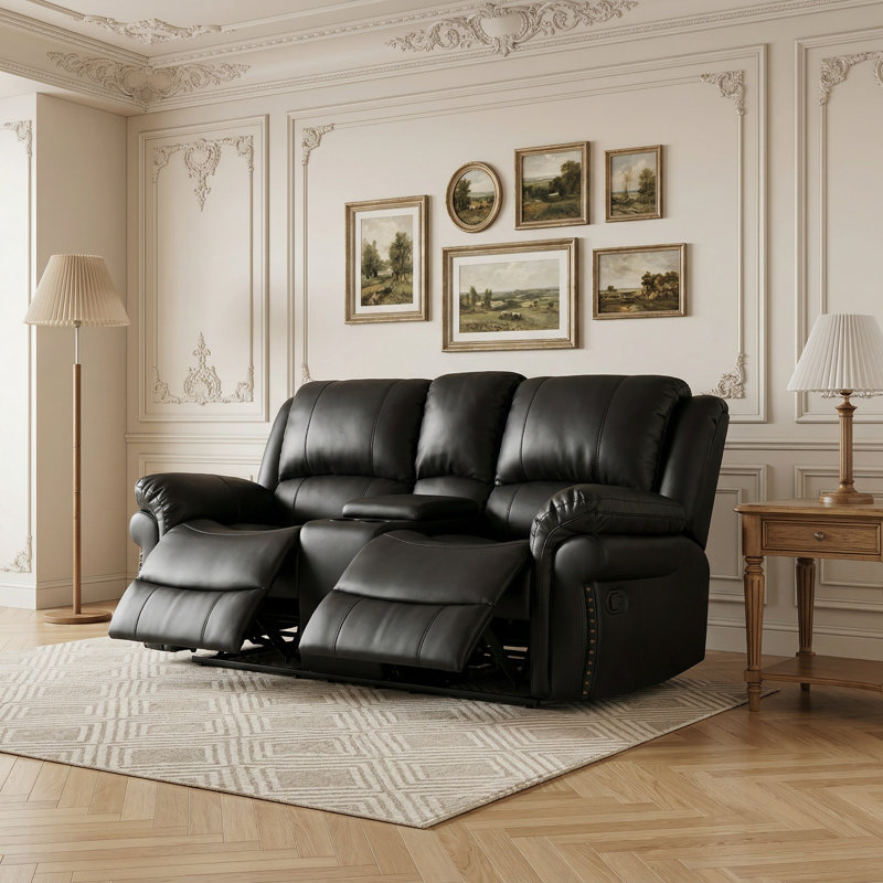 Causeuse inclinable avec console centrale 73,2 po en similicuir respirant, Noir