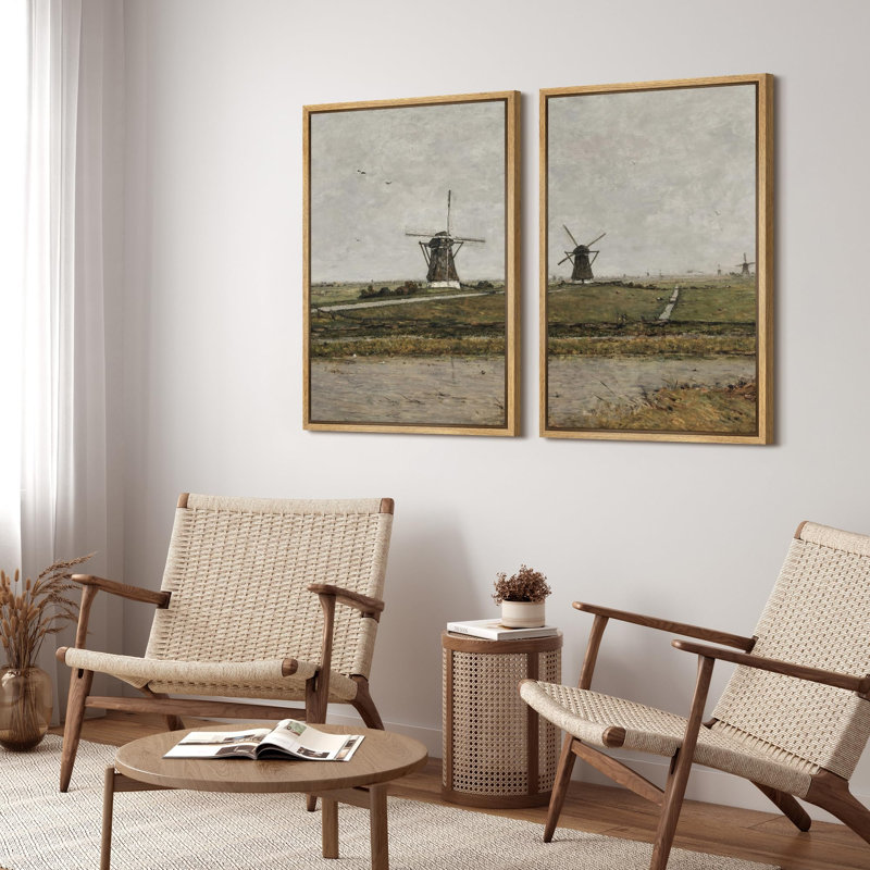 «Rustic Windmills On The Horizon Landscape Landscape», 2 pièces sur toile, Naturel, H 24 po x l 32 po