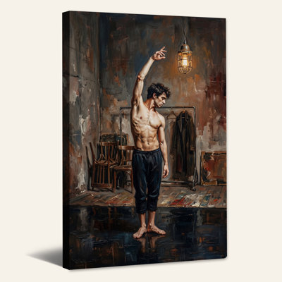 Shirtless Man Reaching for Industrial Lamp Canvas Wall Art
