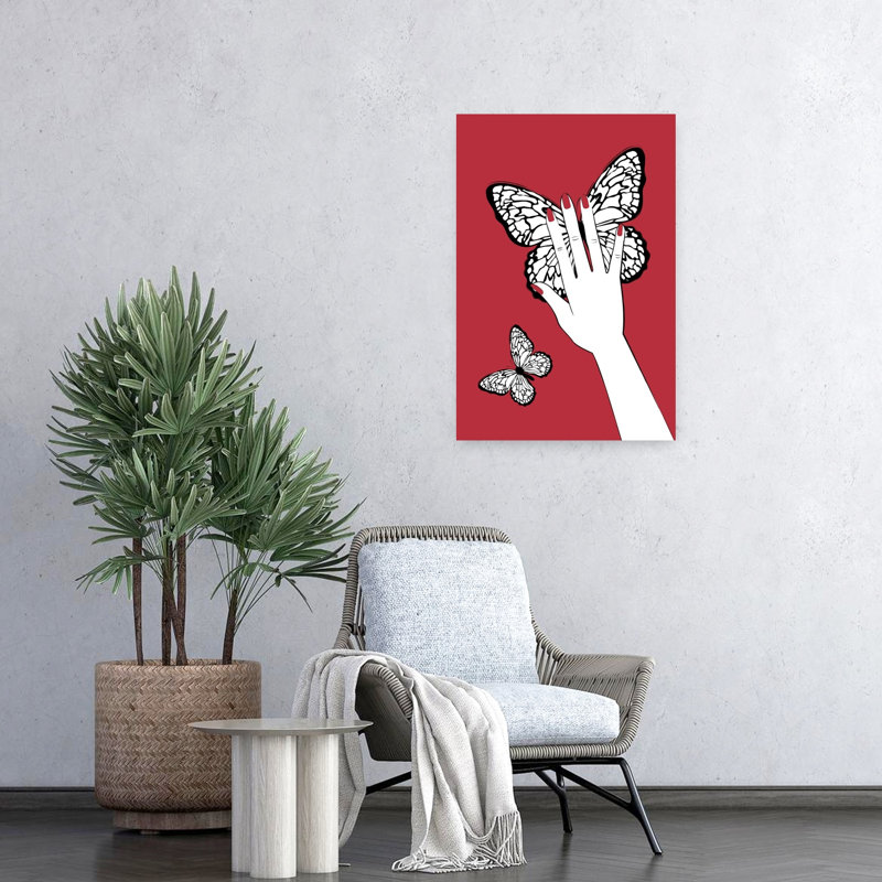 Red Butterfly Hand Bold Contemporary Minimalist Butterfly Moth Nature Portrait Wall Art Print 1 Piece Wrapped Canvas Wall Art