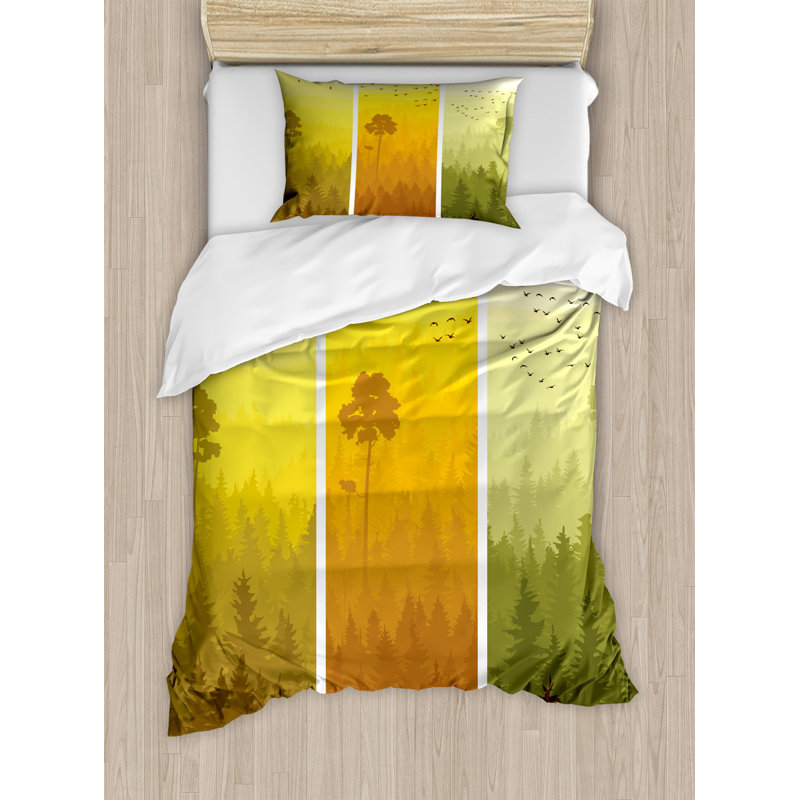 Rustic Polyester Duvet Cover, Twin Duvet Cover + 1 Sham, Hills Trees and Birds