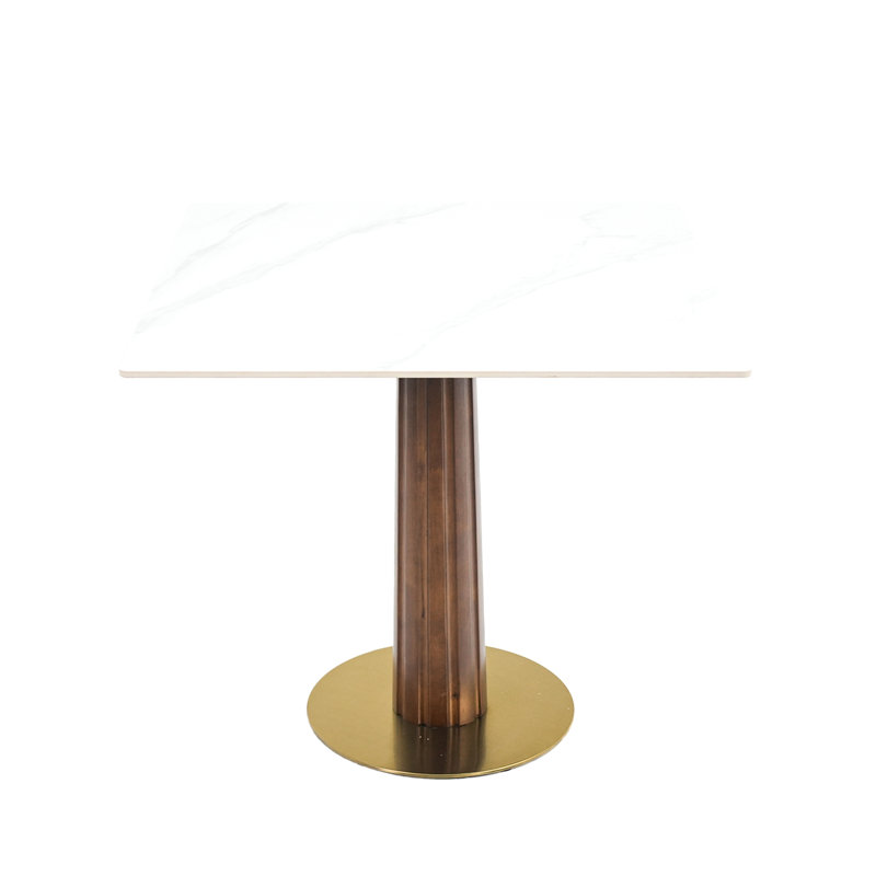 Table de salle à manger moderne en pierre frittée pour 2 personnes avec pieds en bois et base dorée Small Space
